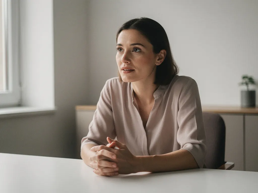 Professional leaning forward aan wit bureau met gevouwen handen, aandachtige blik, zacht natuurlijk licht, rustige kantooromgeving.