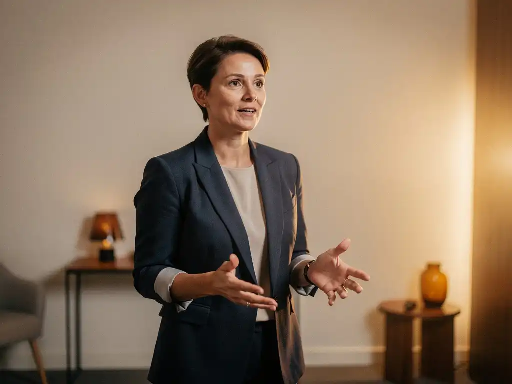 Professional coach in Utrecht studio met open handgebaren tijdens gesprek, warm zij-licht en neutrale achtergrond.