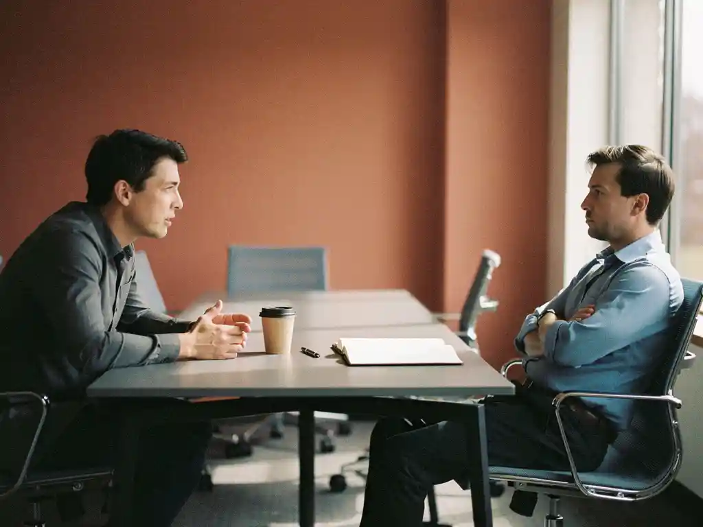 Twee collega's in gesprek aan een kantaartafel, één leunt vooruit, de ander achterover met gekruiste armen, notitieboek en koffiekopje ertussen.