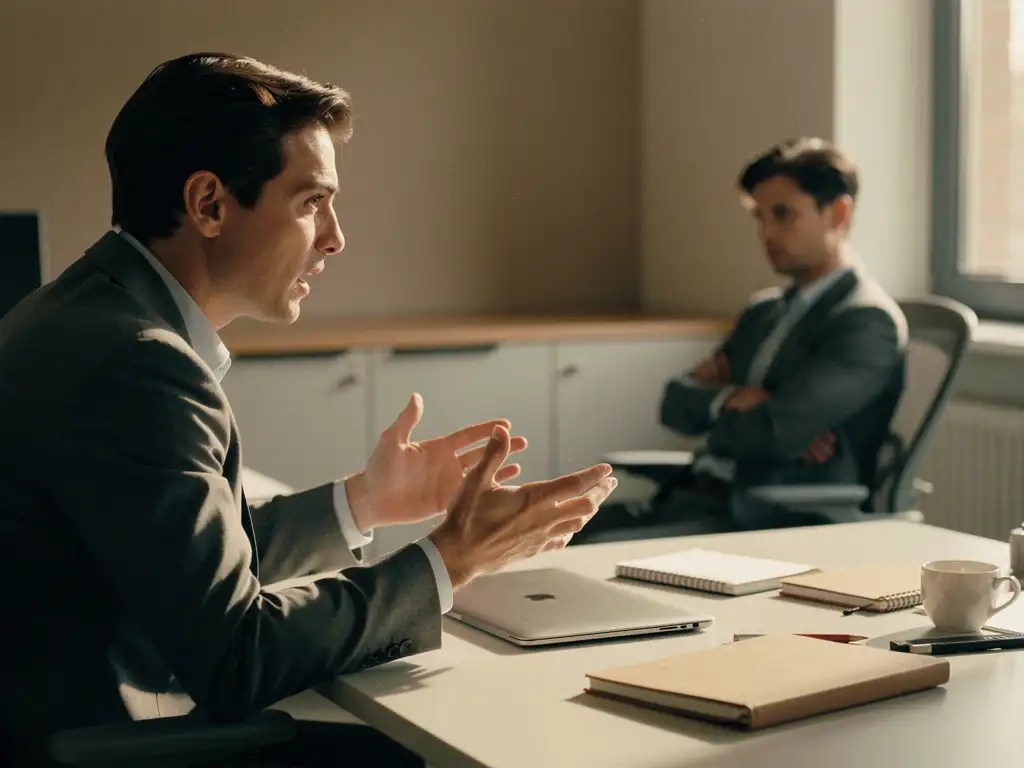 Collega met gekruiste armen keert zich af terwijl professional blijft praten, zichtbare communicatieproblemen op moderne werkplek.