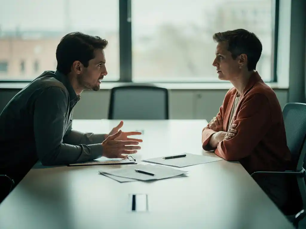 Twee collega's in gespannen vergadering aan conferentietafel, één met open gebaar terwijl de ander gekruiste armen heeft, papieren verspreid tussen hen.