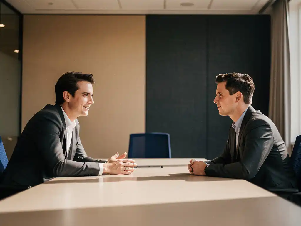 Twee collega's in gesprek aan een moderne vergadertafel in een Utrechts kantoor, met open en betrokken lichaamstaal in warm natuurlijk licht.