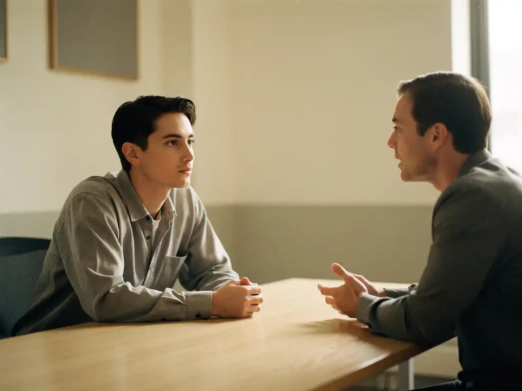 Twee mensen in gesprek aan een lichte eikenhouten tafel in een rustig kantoor, één leunt aandachtig voorover met gevouwen handen.