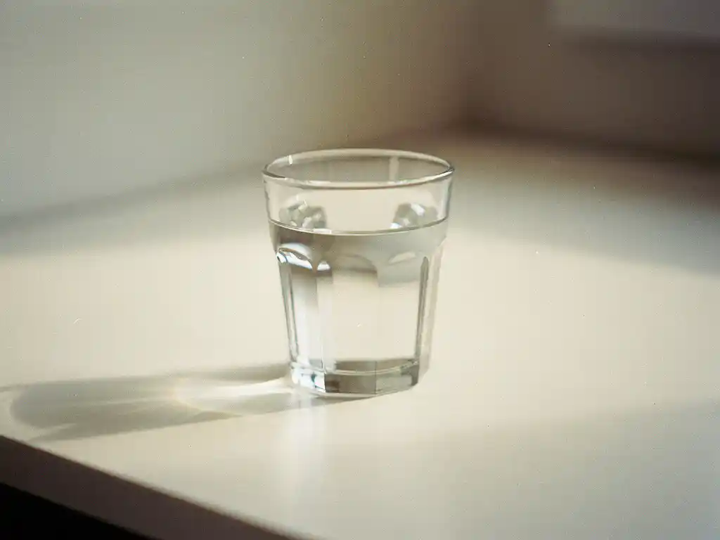 Helder glas water op een wit bureau in zacht natuurlijk licht, minimalistische compositie met ondiepe scherptediepte.