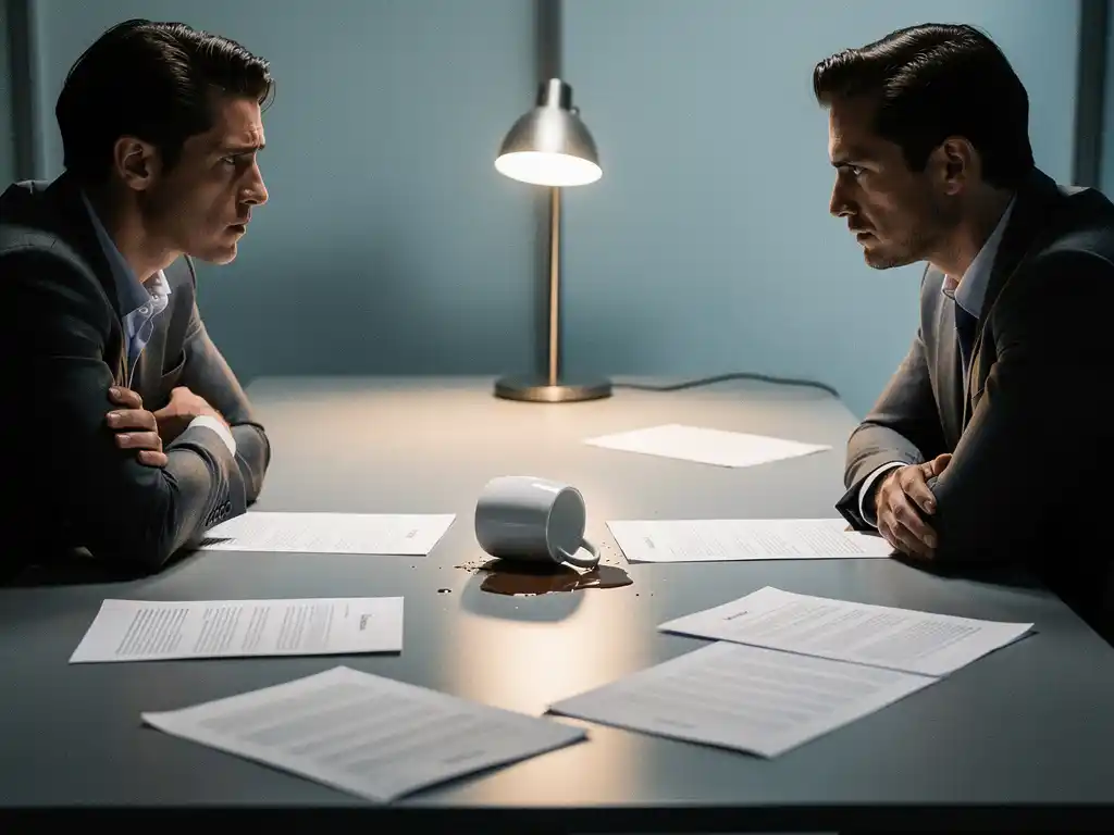 Twee collega's aan een kantaartafel met gespannen lichaamstaal, omgevallen koffiekop en verspreide documenten in koel blauwgrijs licht.