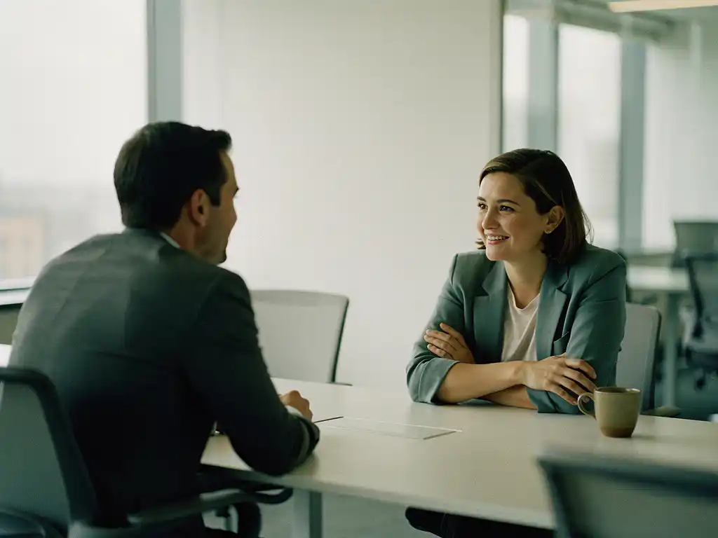 Collega met gekruiste armen en afgewende blik tijdens gespannen kantoorvergadering, tegenover glimlachende gesprekspartner.