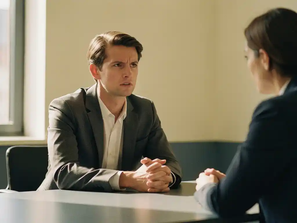 Professional in getailleerd blazer met gespannen lichaamshouding tegenover collega in lichte vergaderruimte.