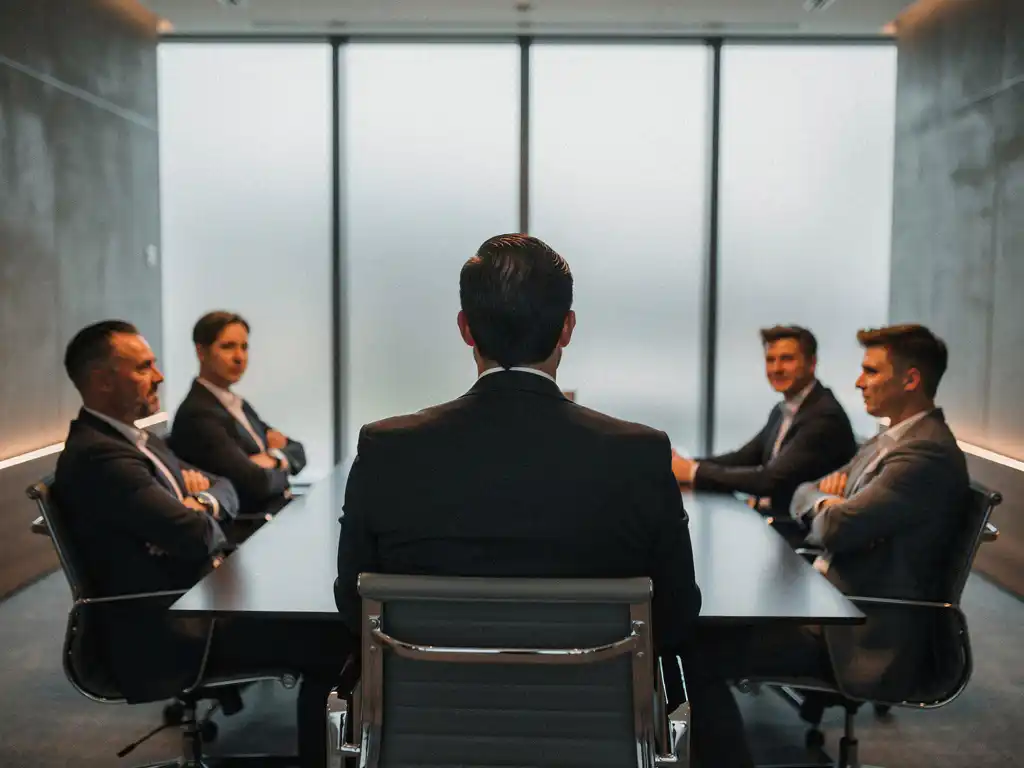 Manager staat met rug naar collega's aan vergadertafel, zichtbare spanning door gesloten lichaamstaal in modern kantoor met matglazen ramen.