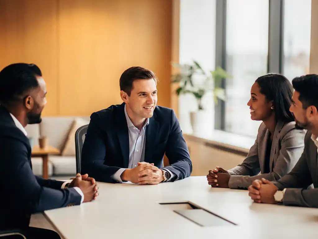 Zelfverzekerde manager in gesprek met collega's aan vergadertafel, open houding, warm kantoor met natuurlijk raamlicht.