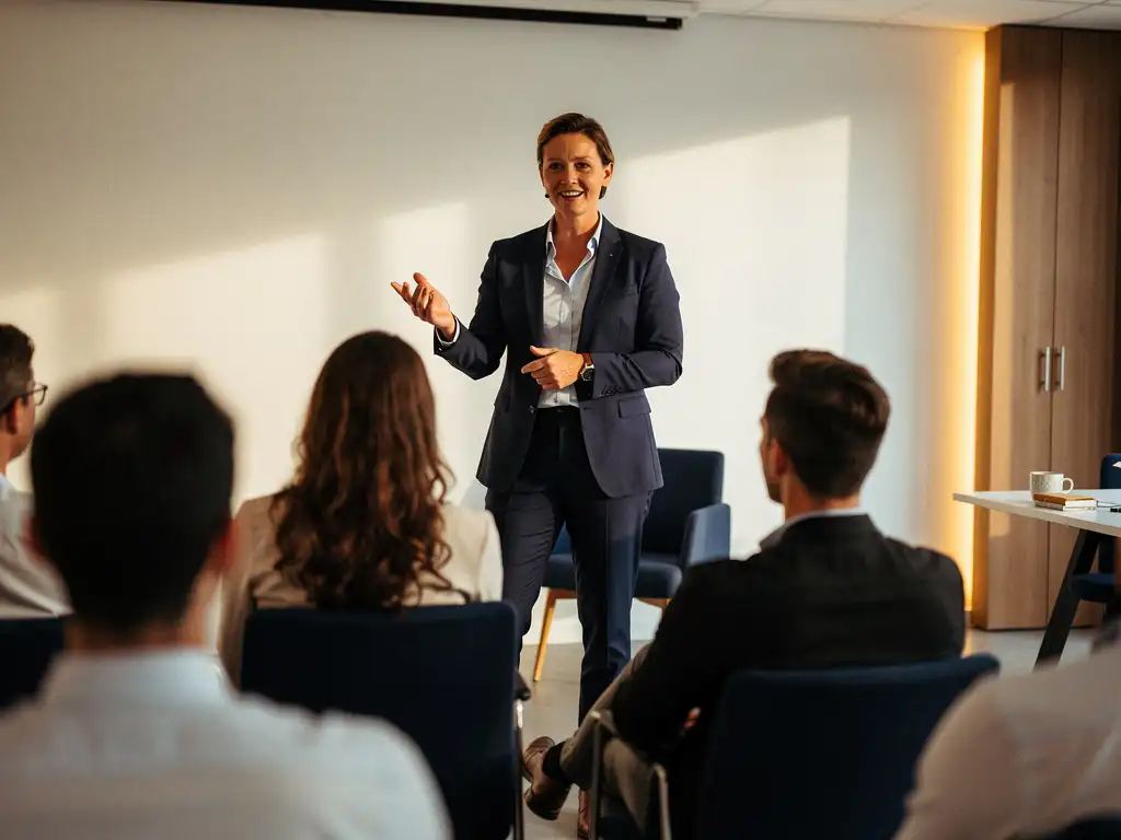 Professional geeft presentatie in moderne trainingsruimte in Utrecht, maakt oogcontact met klein publiek onder warm gouden licht.