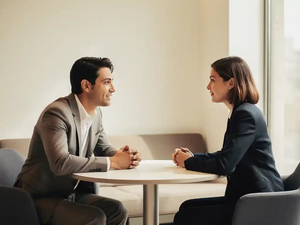 Twee collega's in gesprek aan een ronde cafétafel in een licht minimalistisch kantoor, rustige sfeer met natuurlijk zijlicht.