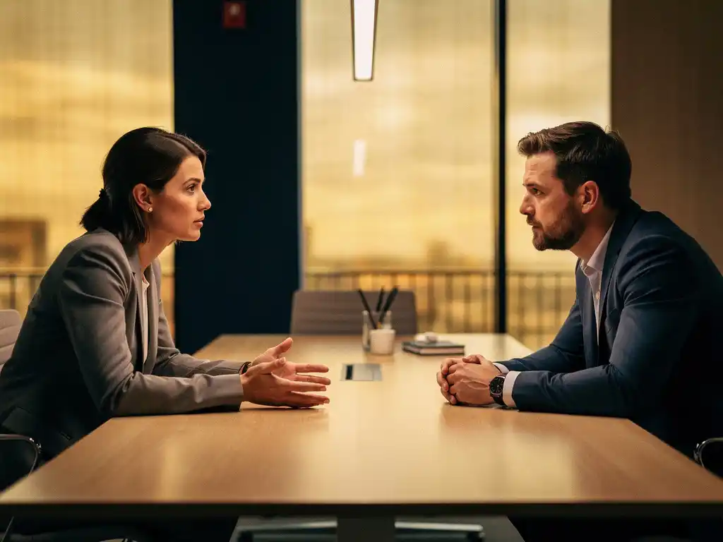 Twee collega's in gesprek aan een houten vergadertafel in een modern Utrechts kantoor, warme natuurlijke belichting.