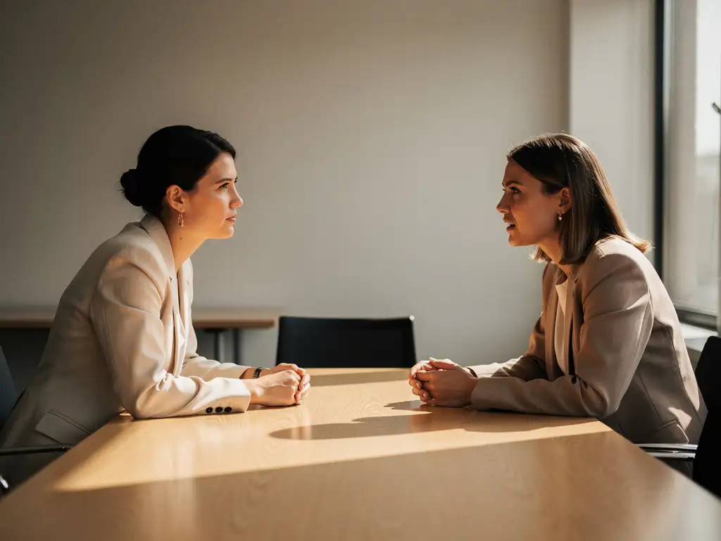 Twee professionals in gesprek aan een lichte eikenhouten tafel, één luistert aandachtig, zachte natuurlijke belichting in een stille vergaderruimte.