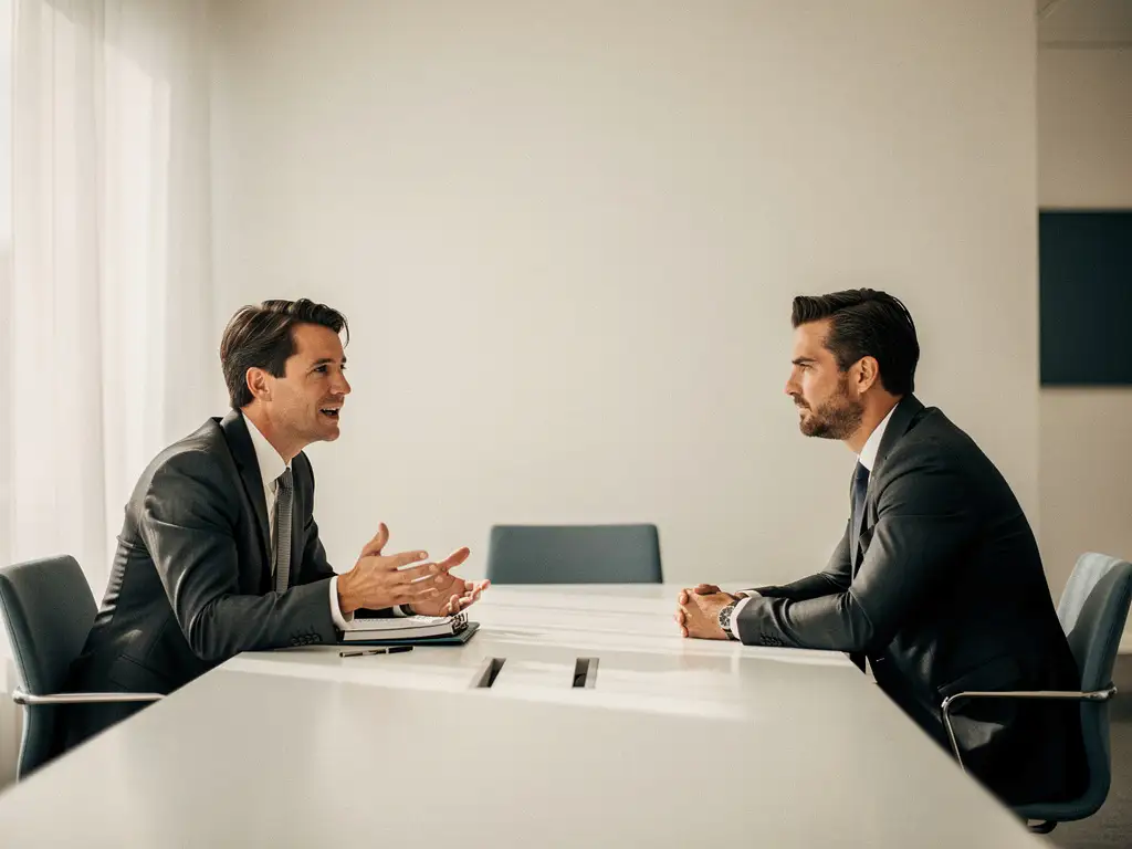 Twee professionals in gesprek aan een witte vergadertafel, één persoon gebaart met open hand terwijl de ander aandachtig luistert, zacht natuurlijk licht.