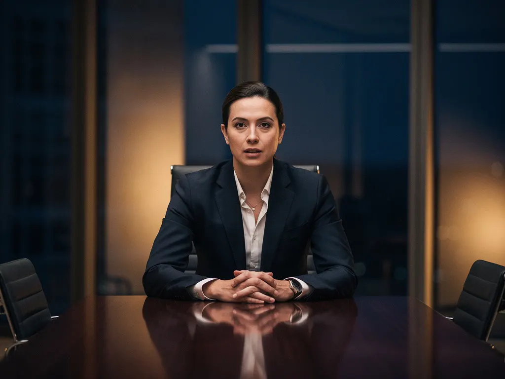 Professional in modern boardroom, hands resting on conference table, soft amber light through tall glass windows.