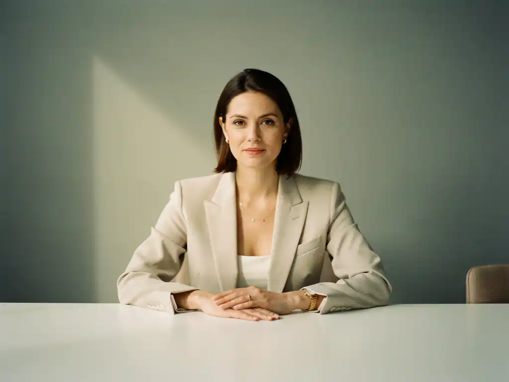 Professionele vrouw in getailleerd blazer aan wit vergadertafel met open, ontspannen houding in neutraal kantoor.