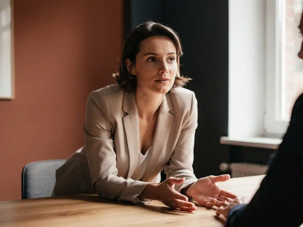 Professionele vrouw aan een eiken tafel in een Utrechts kantoor, leunt lichtjes voorover met open handen en rustig oogcontact.