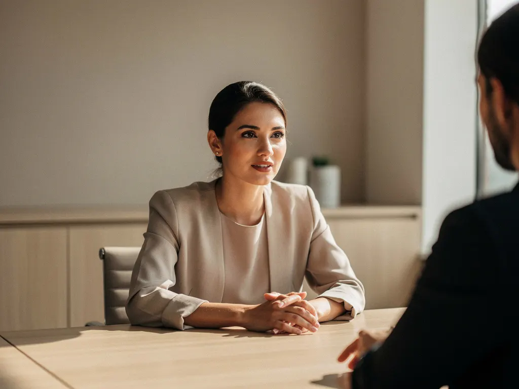 Professionele vrouw aan een eikenhouten vergadertafel in gefocust gesprek, open handen op tafel, warm natuurlijk licht.