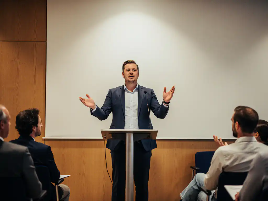 Spreker bij modern podium in trainingsruimte, maakt overtuigende handgebaren naar betrokken publiek.