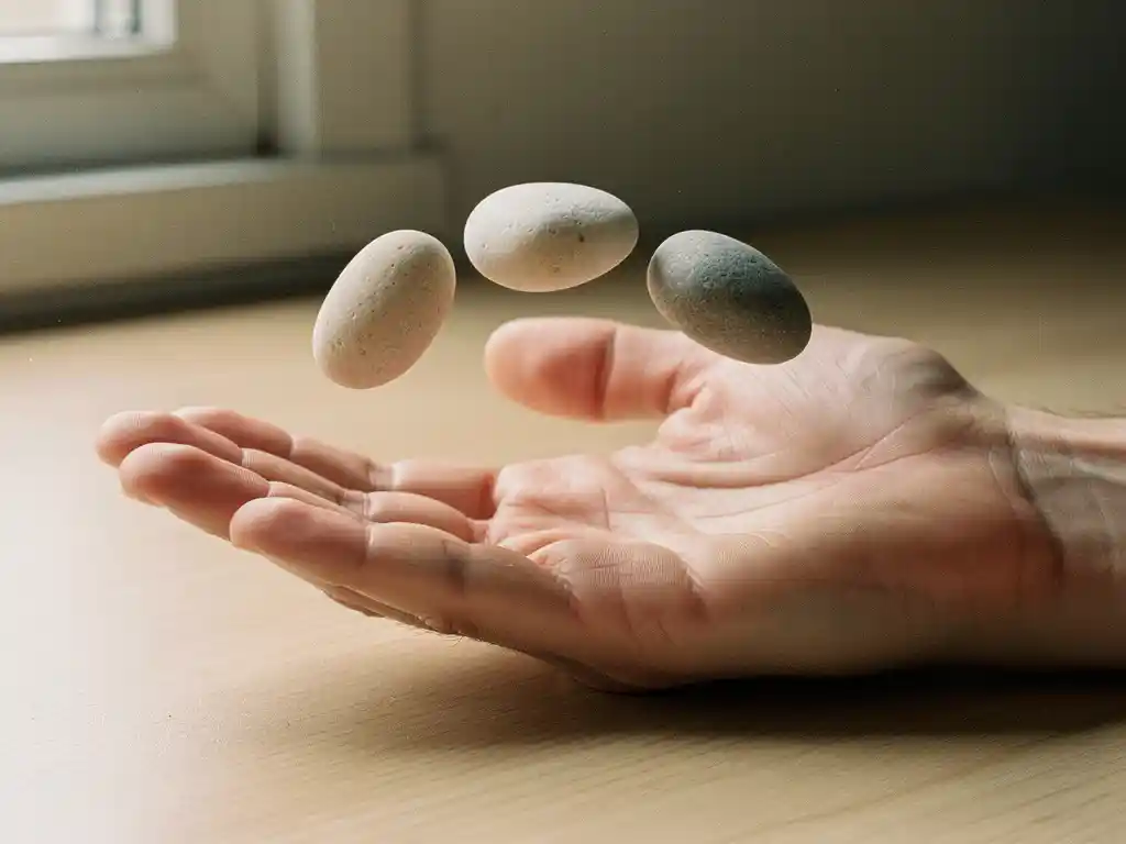 Open handpalm op licht eiken bureau met zes gladde rivierkeien in een boog, zachte natuurlijke belichting, minimalistische compositie.