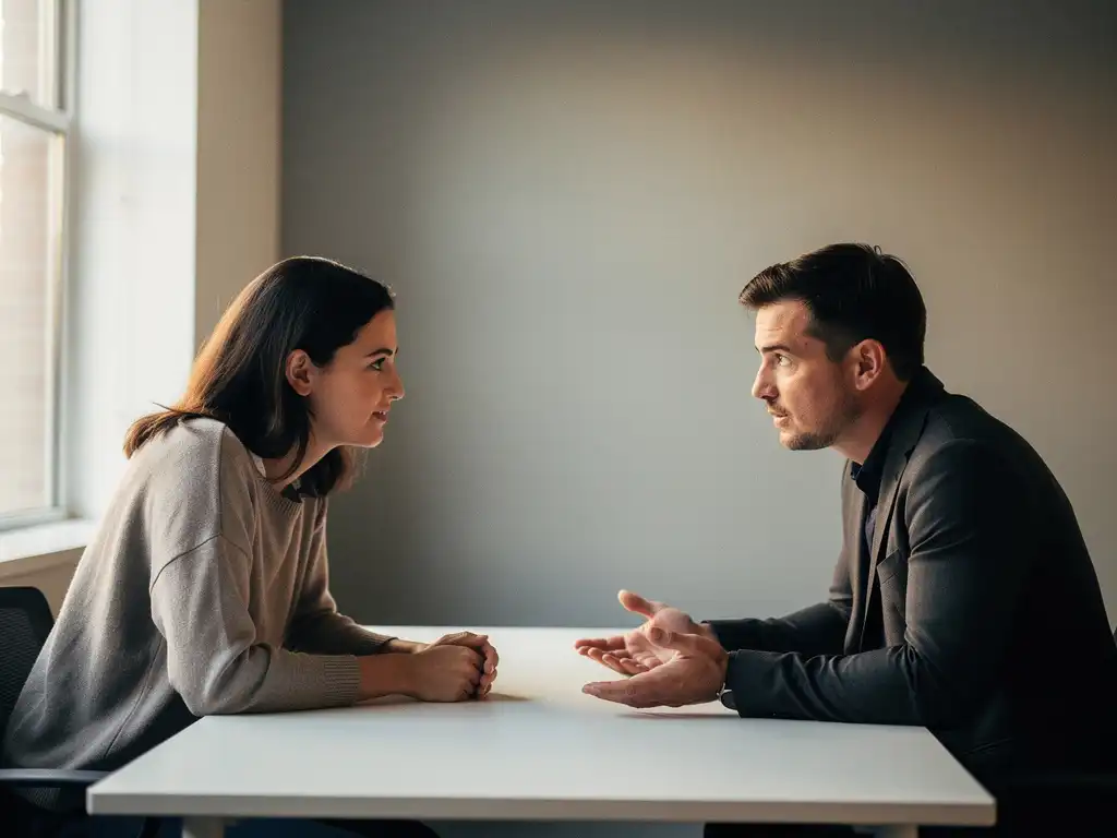 Twee mensen in gesprek aan een witte tafel in een moderne vergaderruimte, één persoon gebaart rustig met open hand.