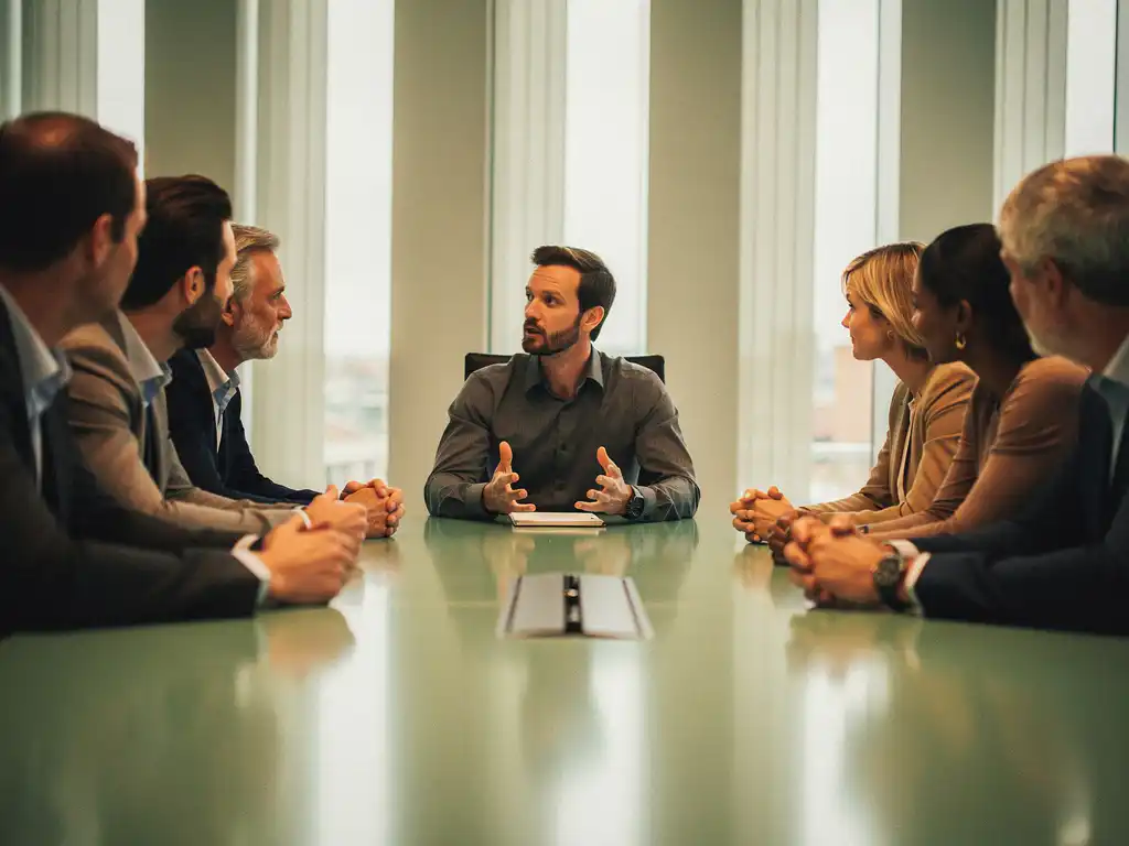 Diverse professionals in overleg aan vergadertafel in Utrecht kantoor, één spreker met open houding terwijl anderen aandachtig luisteren.
