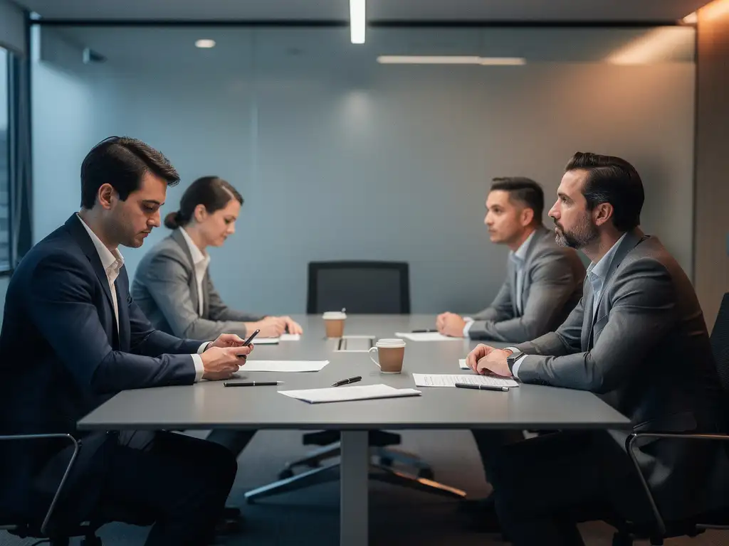 Vier professionals aan een vergadertafel met gesloten lichaamstaal, één kijkt op telefoon, verspreide papieren en koffiekopje zichtbaar.