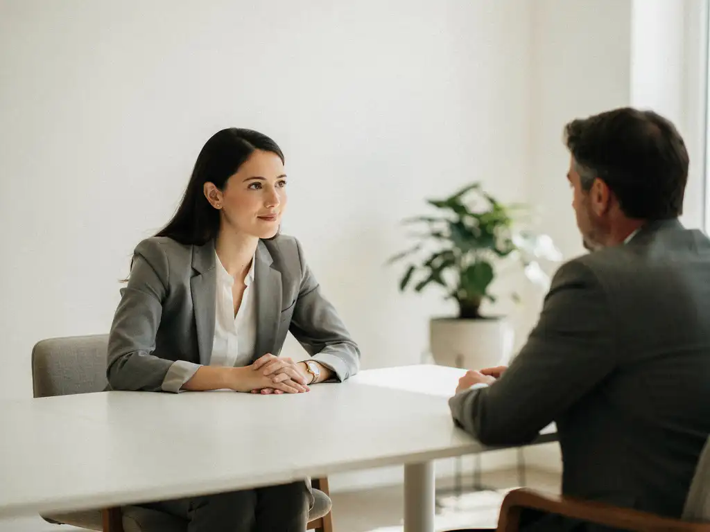 Vrouw in professioneel gesprek met collega in minimalistische vergaderruimte met natuurlijk licht en neutrale tinten.